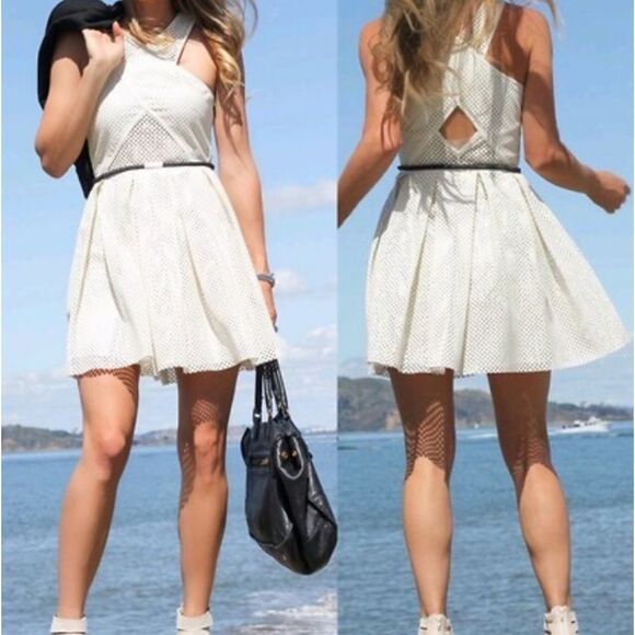 BNWT SAYLOR GRETA MESH CUT OUT FIT N FLARE DRESS LG - Picture 1 of 7